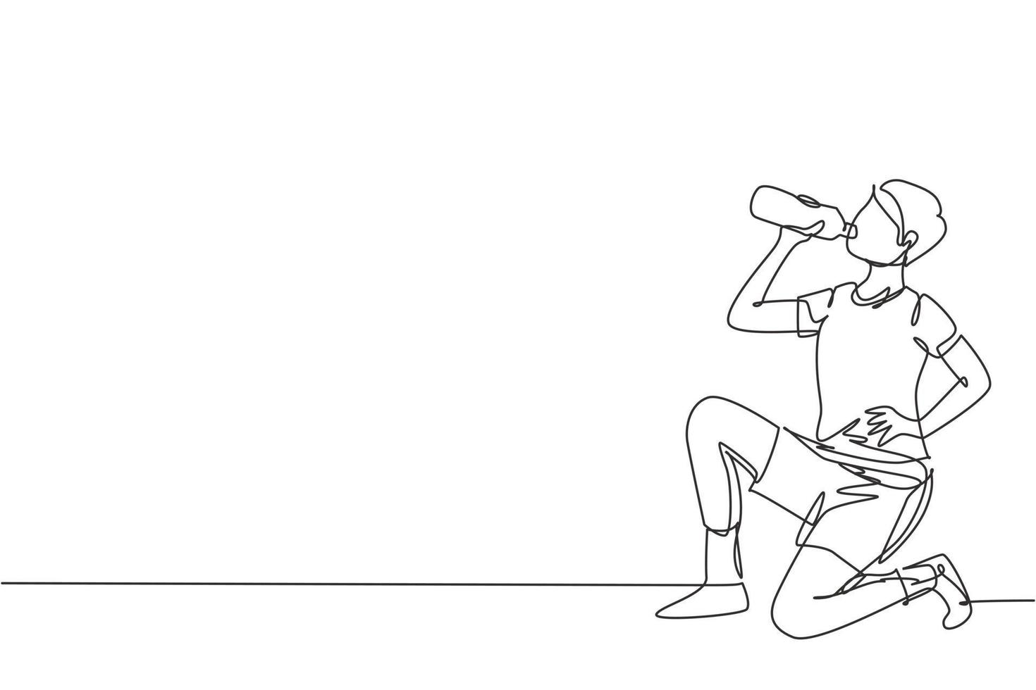 Single one line drawing young man drinking water in bottle while squatting after running. Morning exercise causes thirst and dehydration. Modern continuous line draw design graphic vector illustration