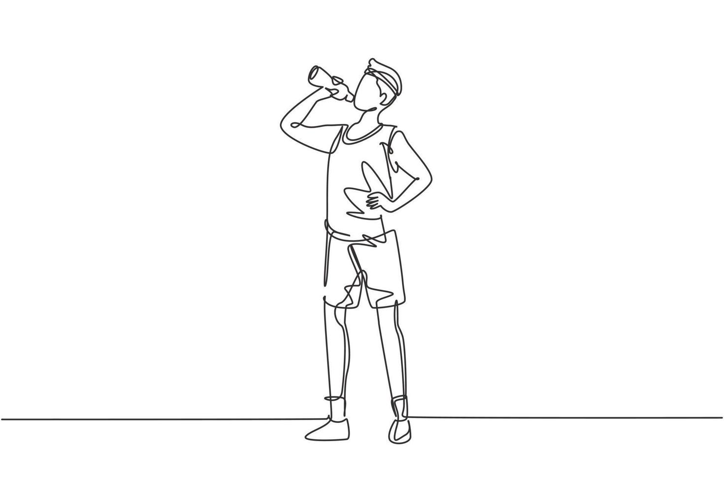 Single continuous line drawing young man standing and drinking fresh water from a bottle with his right hand after exercising. Healthy lifestyles. One line draw graphic design vector illustration
