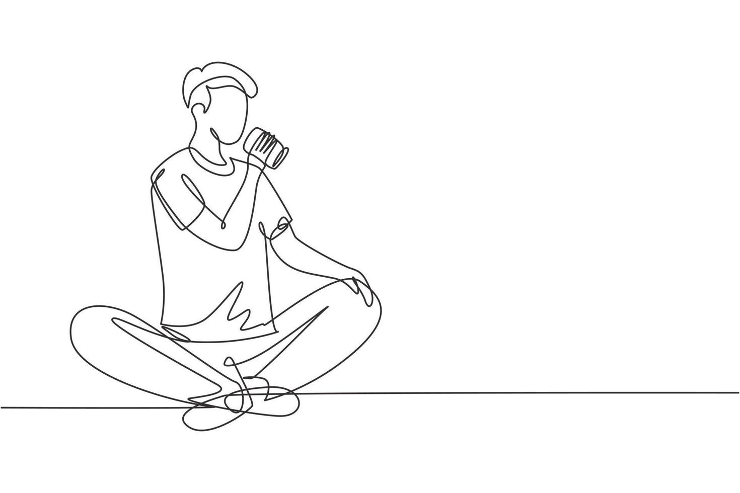 Single continuous line drawing young man sitting while enjoying a soft drink to refreshing and relaxing body. Attractive teenager concept. Dynamic one line draw graphic design vector illustration