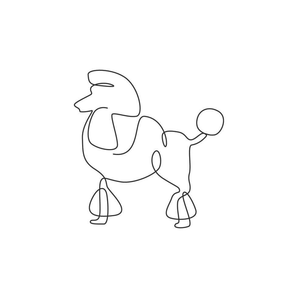 un dibujo de línea continua de un lindo perro caniche para la identidad del logotipo de la empresa. concepto de mascota de perro de raza pura para el icono de mascota amigable con el pedigrí. Ilustración de vector gráfico de diseño de dibujo de una sola línea moderna