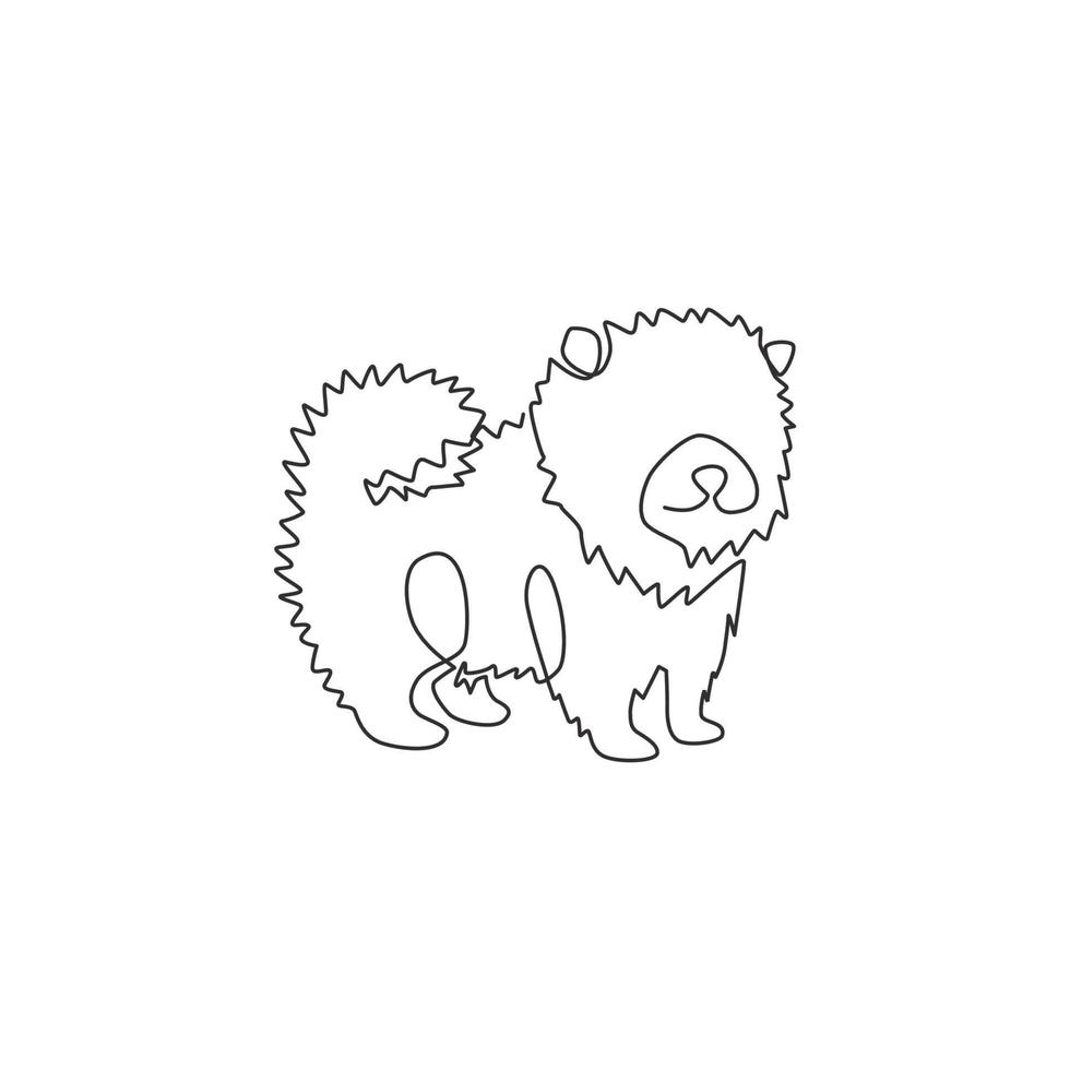 One continuous line drawing of adorable pomeranian dog for company logo identity. Purebred dog mascot concept for pedigree friendly pet icon. Modern single line draw design graphic vector illustration