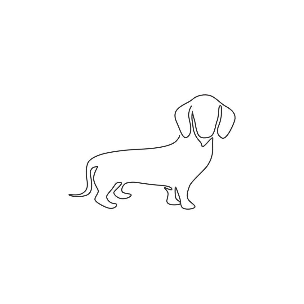 Single one line drawing of funny dachshund dog for logo identity. Purebred dog mascot concept for pedigree friendly pet icon. Modern continuous one line draw design graphic vector illustration