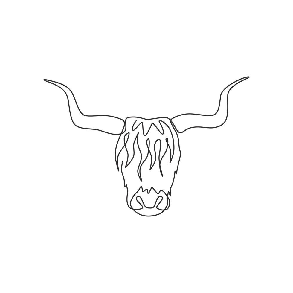 Single one line drawing of manly yak head for company logo identity. Cow farm mammal mascot concept for national zoo icon. Modern continuous line draw design vector graphic illustration