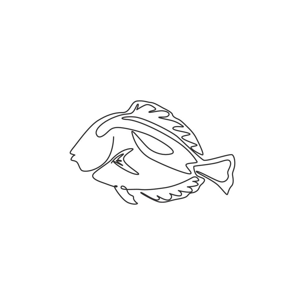 dibujo de una sola línea continua de un adorable pez azul tang para la identidad del logotipo de la empresa marina. concepto exótico de la mascota del pez cirujano para el icono del espectáculo del mundo marino. Ilustración de vector de diseño de dibujo de una línea moderna