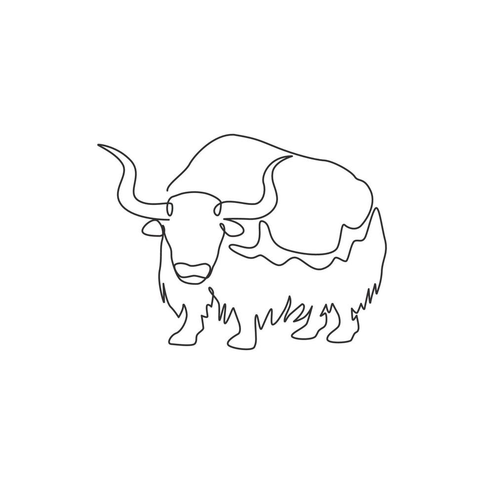 Single one line drawing of gallant yak for company logo identity. Livestock ox mammal mascot concept for national zoo icon. Modern continuous line draw design graphic vector illustration