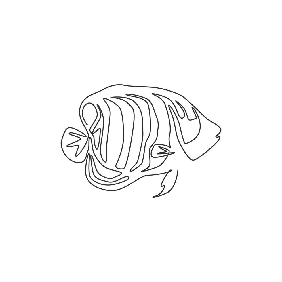 Single one line drawing of funny regal angelfish for company logo identity. Beautiful angel fish mascot concept for sea world show icon. Modern continuous line draw design vector graphic illustration