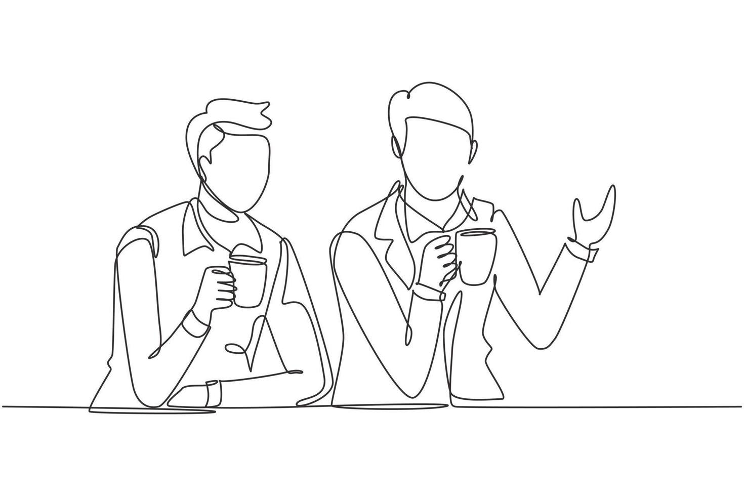 Continuous one line drawing two young men sitting over a cup of coffee and talking about work plans in the office. Success lifestyle concept. Single line draw design vector graphic illustration