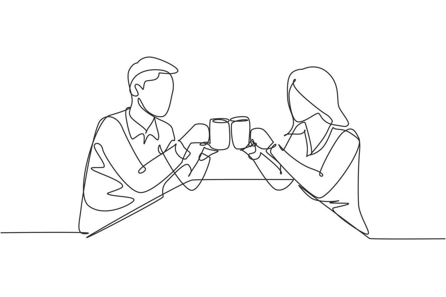 Continuous one line drawing young couple sitting, holding cups filled with drinks and toast to celebrate wedding anniversary. Happy family concept. Single line draw design vector graphic illustration