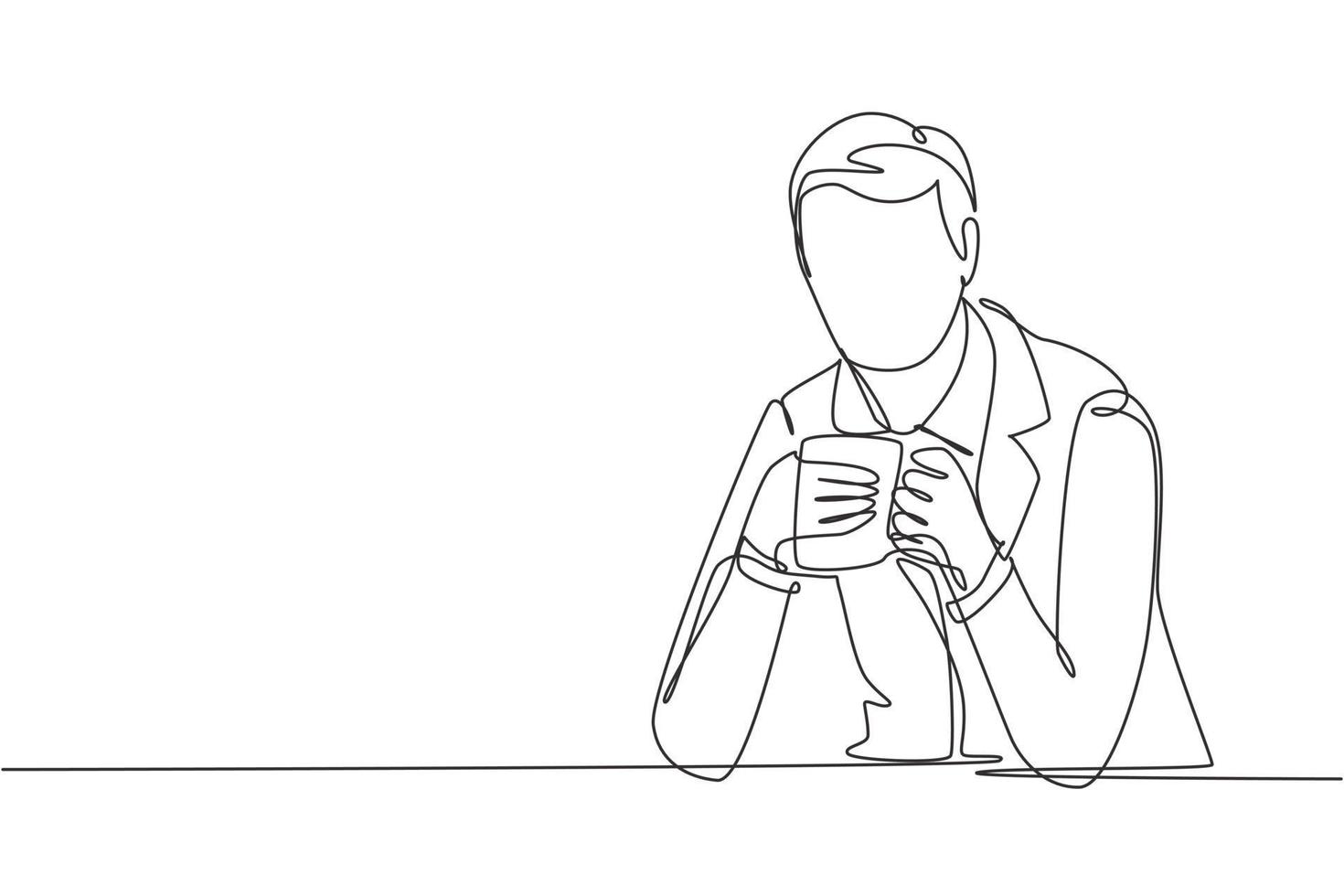 Continuous one line drawing young man sitting and holding cup of coffee with both hands. Enjoy the afternoon break at the office. Success lifestyle. Single line draw design vector graphic illustration