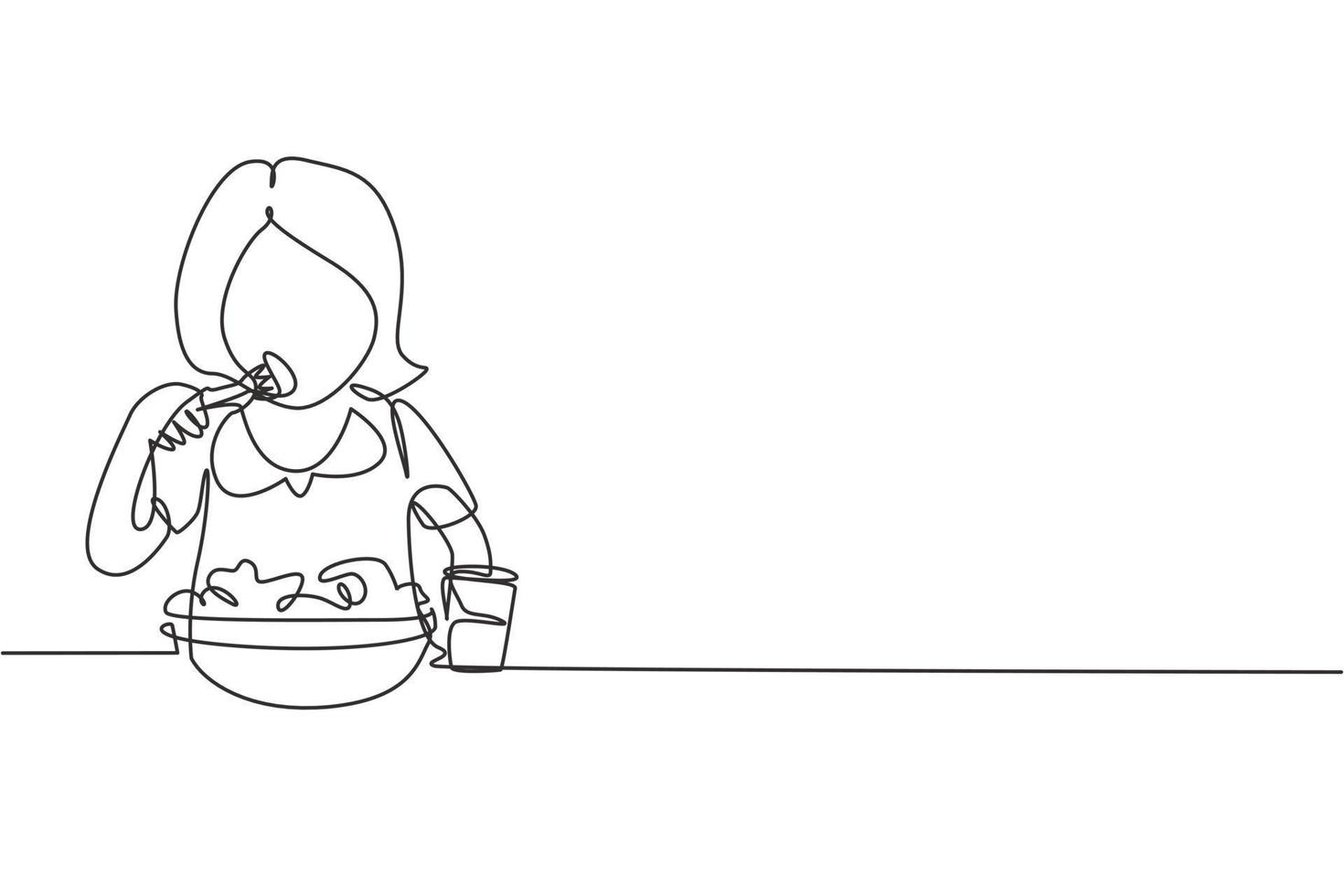 niña de dibujo de una sola línea con comida de ensalada con tenedor alrededor de la mesa. feliz y disfrutar del desayuno en la mañana. comida deliciosa y saludable. Ilustración de vector gráfico de diseño de dibujo de línea continua moderna