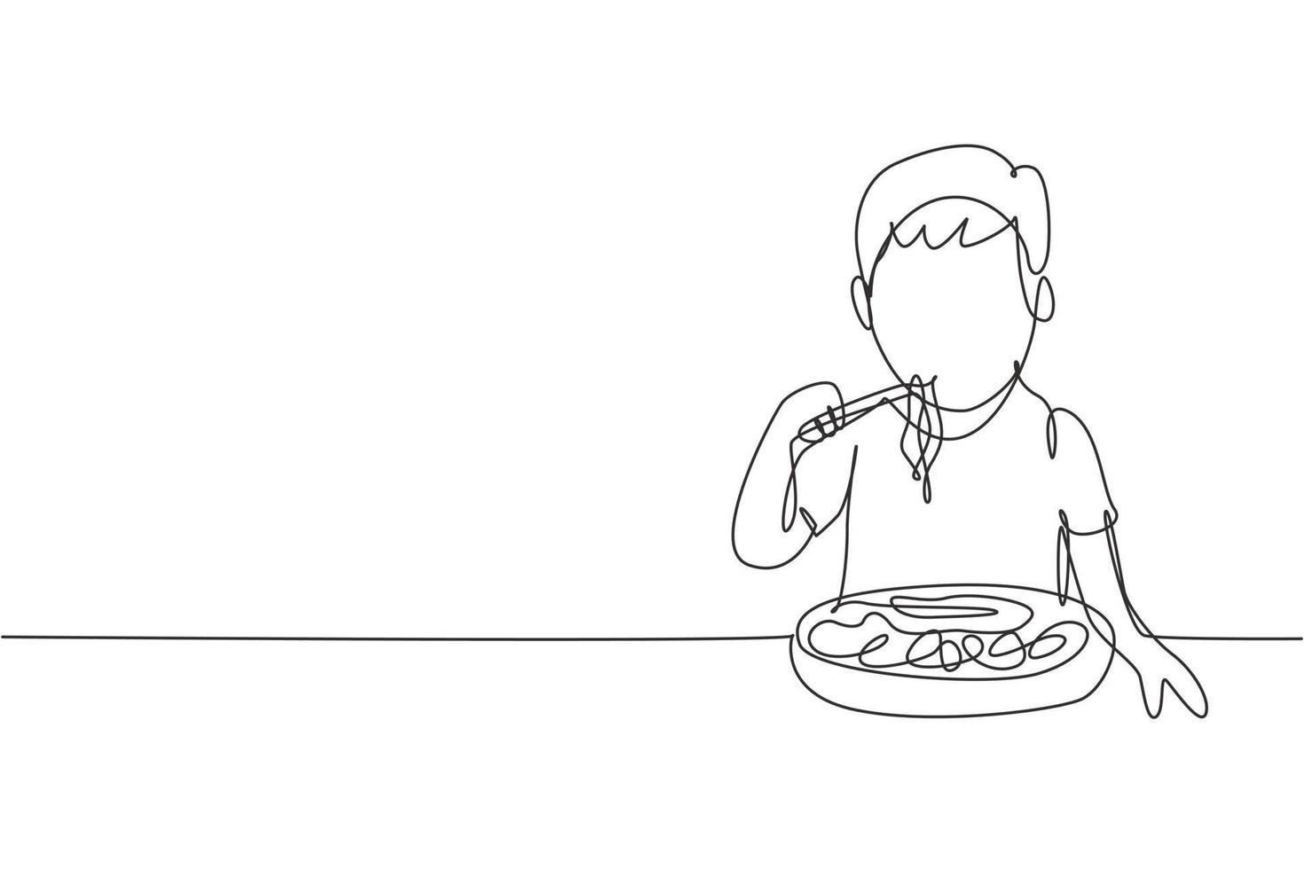 Single continuous line drawing boy having spaghetti meal with chopsticks around table. Enjoy lunch when hungry. Delicious and healthy food. Dynamic one line draw graphic design vector illustration