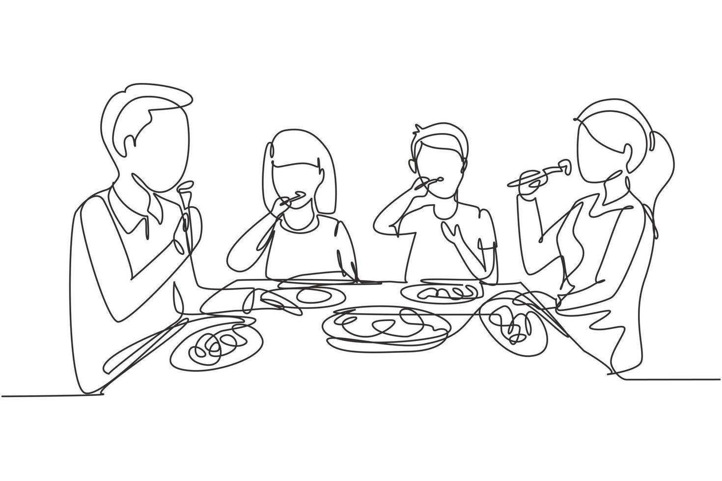 dibujo de línea continua única familia comiendo alrededor de la mesa de la cocina. feliz papá, mamá y dos niños sentados comiendo un almuerzo saludable en casa. Ilustración de vector de diseño gráfico de dibujo de una línea dinámica