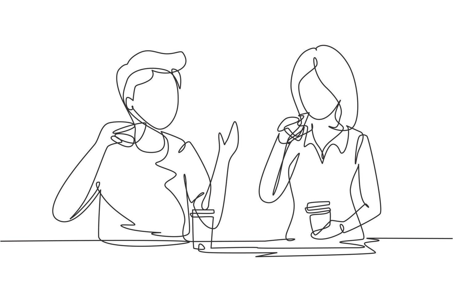 Continuous one line drawing young couple having hamburger meal around table at restaurant. Happy teenagers talking, smiling and laughing together. Single line draw design vector graphic illustration