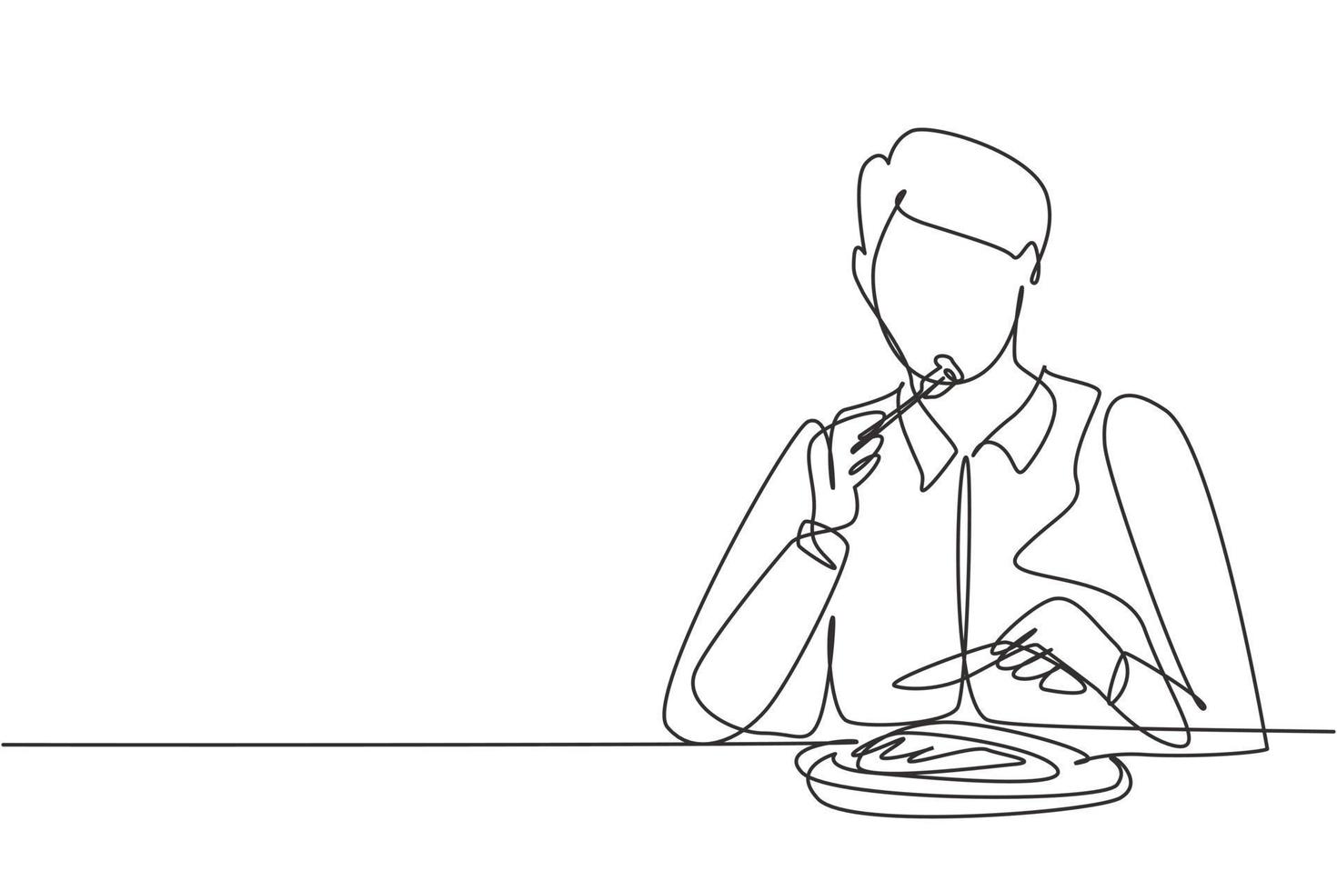 Continuous one line drawing young man having steaks meal with fork and knife around table. Enjoy lunch at restaurant. Delicious and healthy food. Single line draw design vector graphic illustration