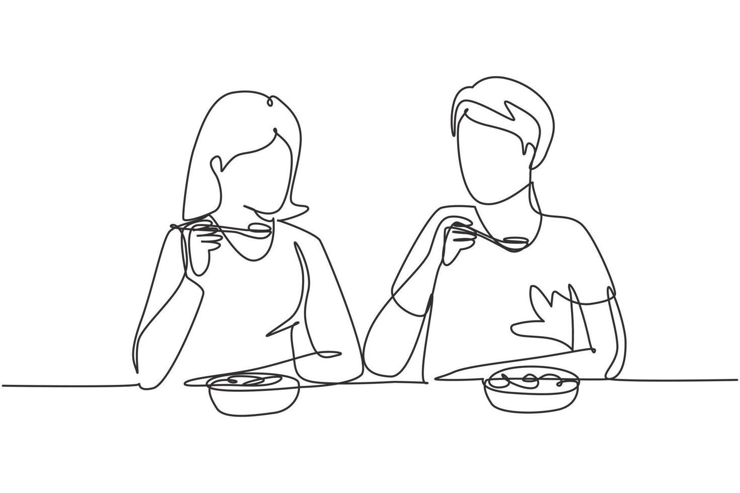 Single continuous line drawing young couple having salad meal around table. Happy male female sitting eating lunch together in restaurant. Dynamic one line draw graphic design vector illustration