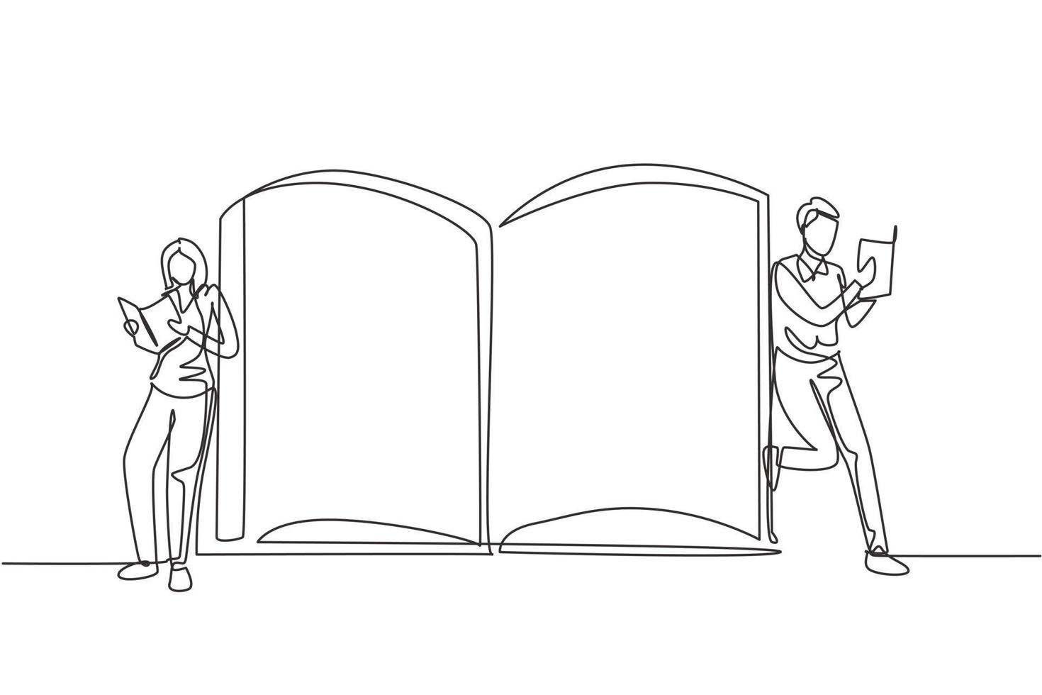 Single one line drawing students woman and man reading, learning and standing beside open huge book. Literature lovers, education concept, fair. Continuous line draw design graphic vector illustration