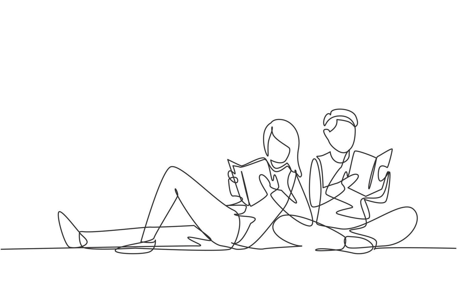 Continuous one line drawing students woman and man reading together, learning and sitting at park. Literature fans or lovers, education concept. Single line draw design vector graphic illustration