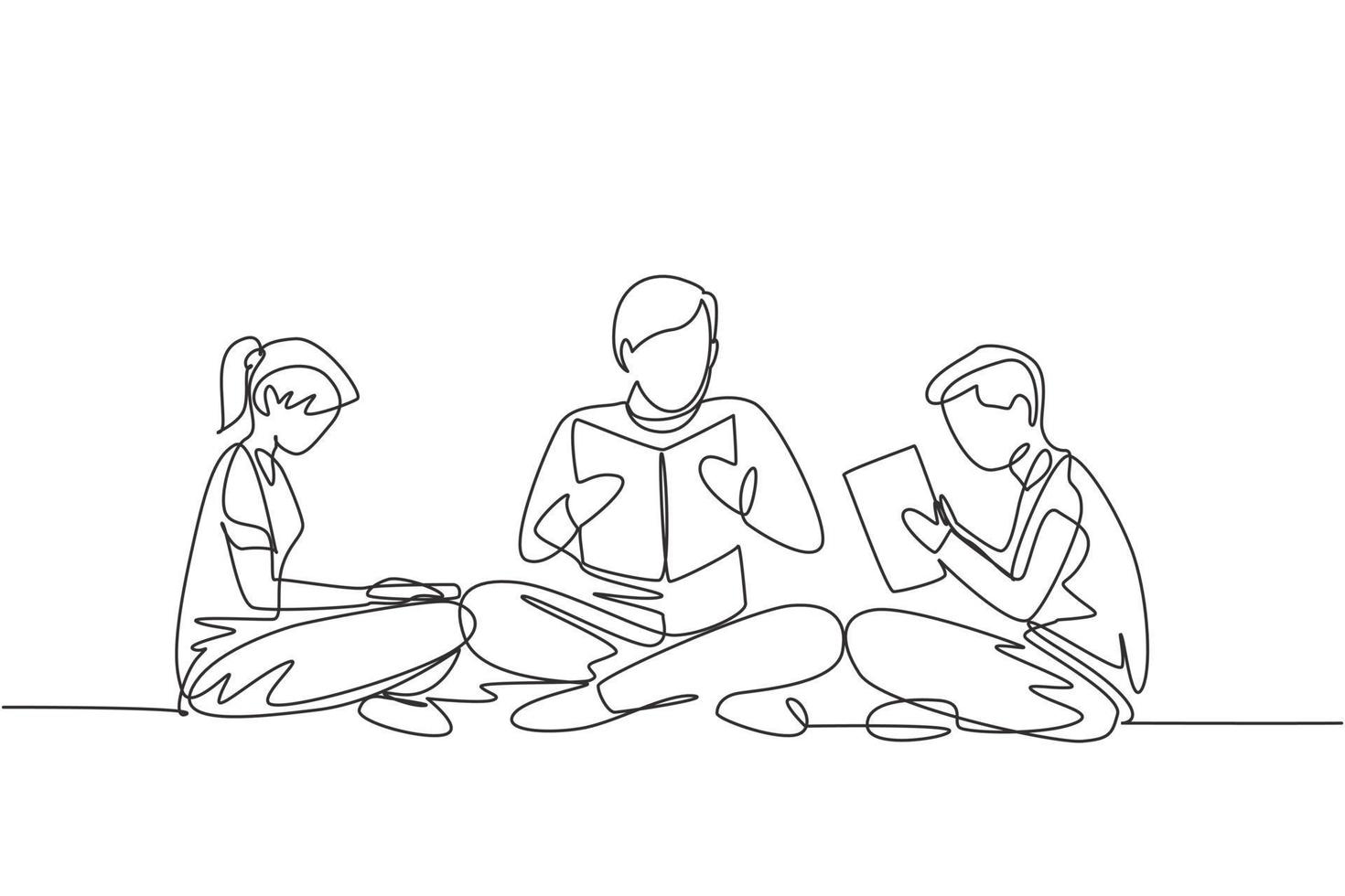 Single continuous line drawing male teacher and two students boy and girl reading, learning and sitting together. Study in library. Education concept. One line draw graphic design vector illustration
