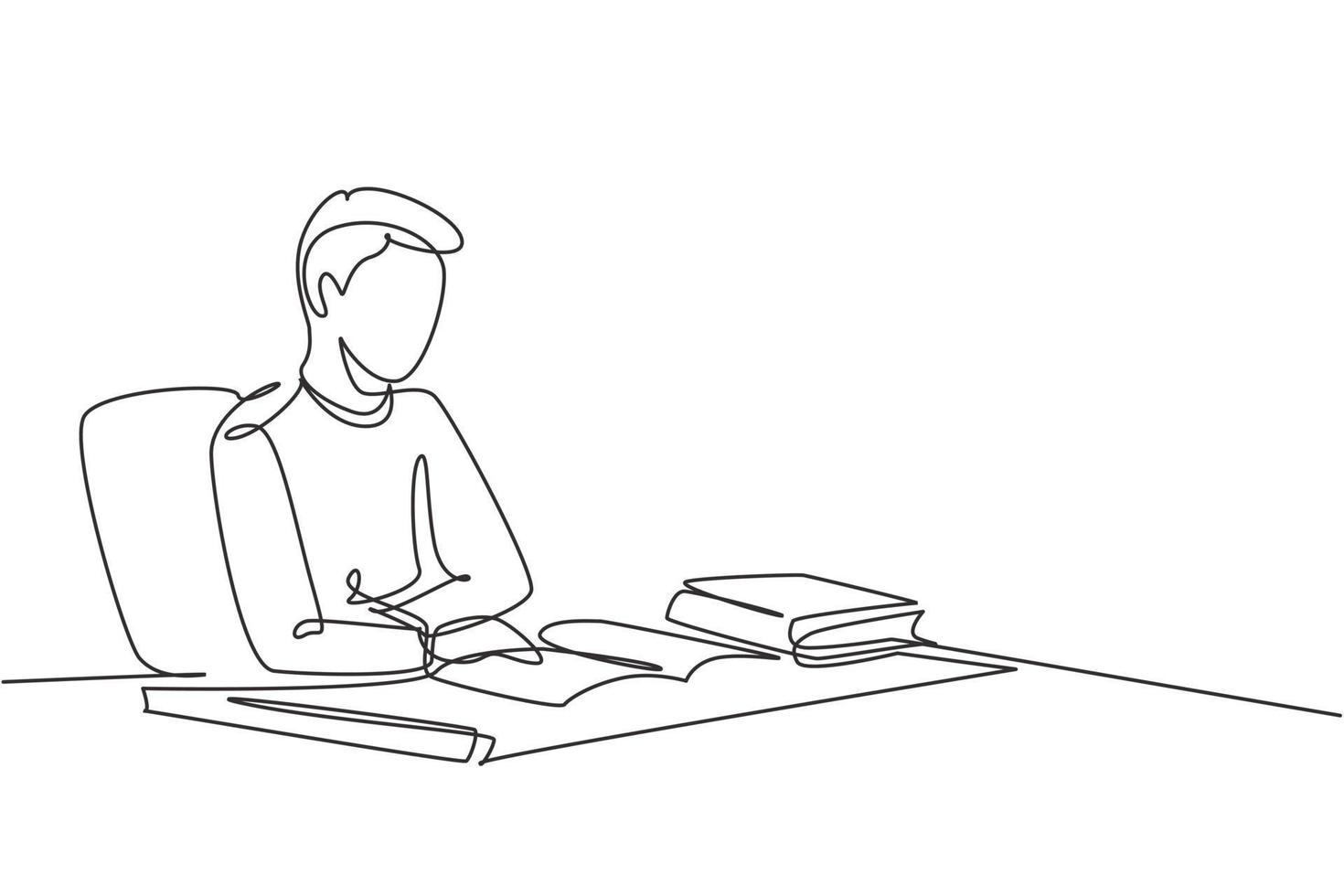 Single one line drawing young man reading, learning and sitting on chair around table. Study in library. Intelligent student, education concept. Continuous line draw design graphic vector illustration
