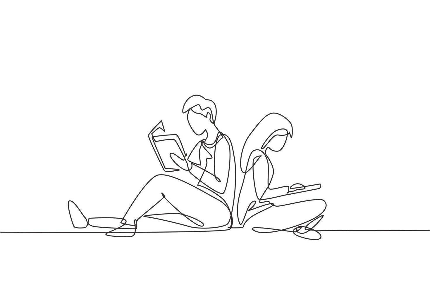 Single continuous line drawing couple students reading together, learning and sitting at park. Literature fans or lovers, education concept. Dynamic one line draw graphic design vector illustration