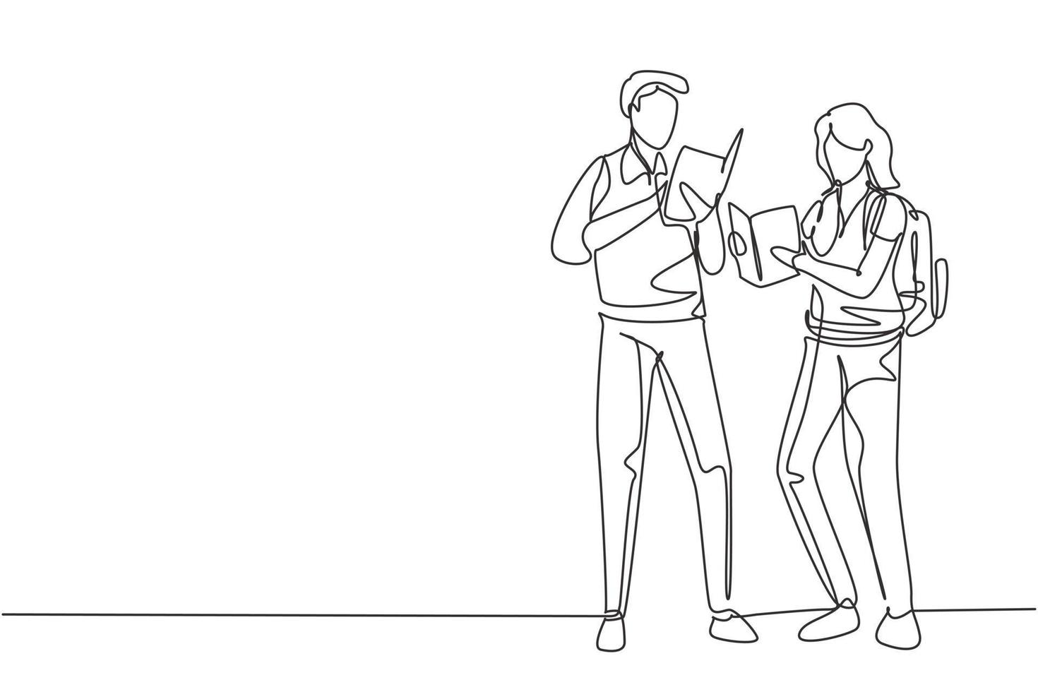 Single continuous line drawing couple woman and man reading together, learning and standing at library. Literature lovers, education concept. Dynamic one line draw graphic design vector illustration