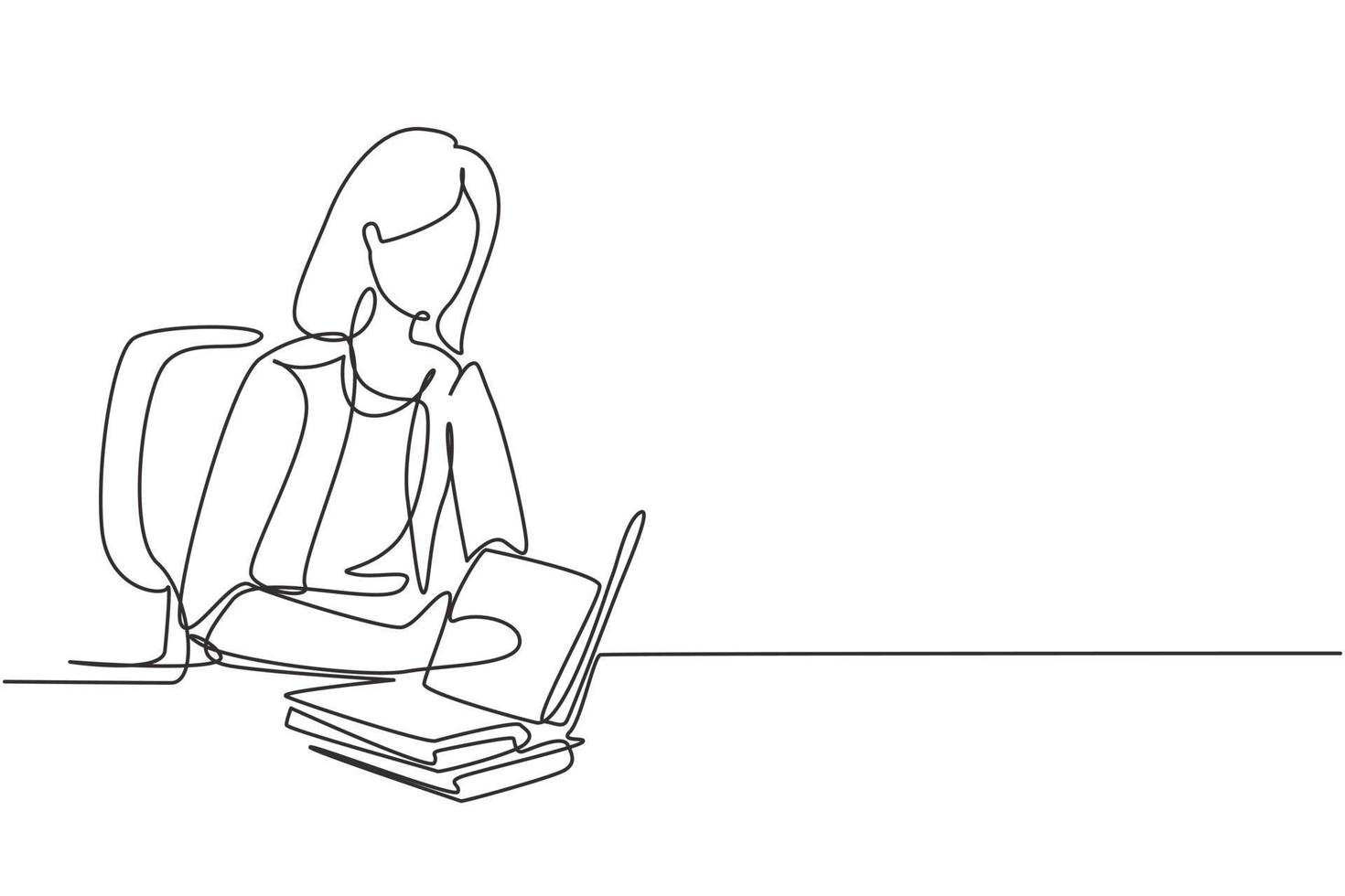 Single continuous line drawing young woman reading, learning and sitting on chair around table. Study in library. Smart student, education concept. One line draw graphic design vector illustration