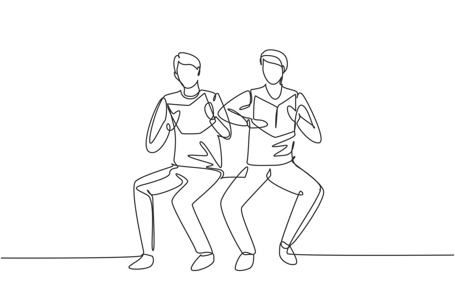 Single continuous line drawing two young male students reading, learning and sitting together. Study in library. Literature fans, education concept. One line draw graphic design vector illustration