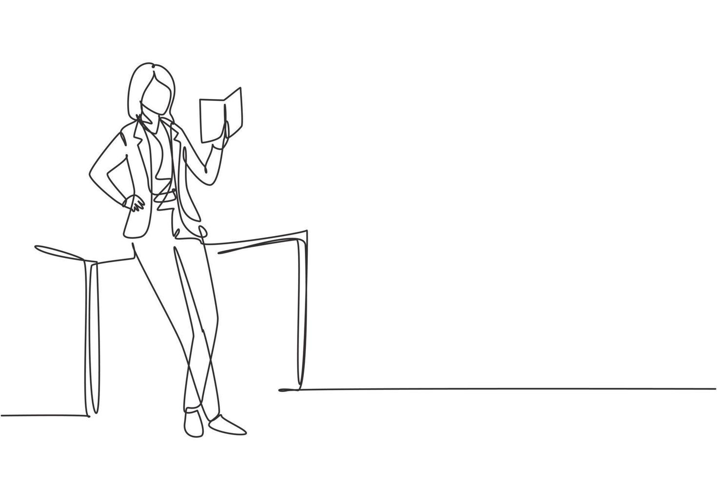 Single one line drawing young woman reading, learning and standing around table. Study in library. Intelligent student, education concept, fair. Continuous line draw design graphic vector illustration