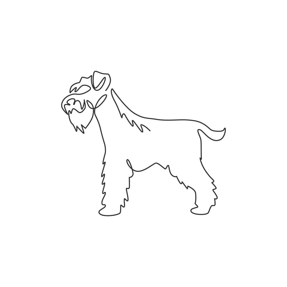 Single one line drawing of adorable miniature schnauzer for company logo identity. Purebred dog mascot concept for pedigree friendly pet icon. Modern continuous line draw design vector illustration