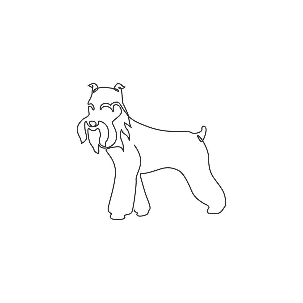 One continuous line drawing of miniature schnauzer dog for company logo identity. Purebred dog mascot concept for pedigree friendly pet icon. Modern single line draw design vector graphic illustration