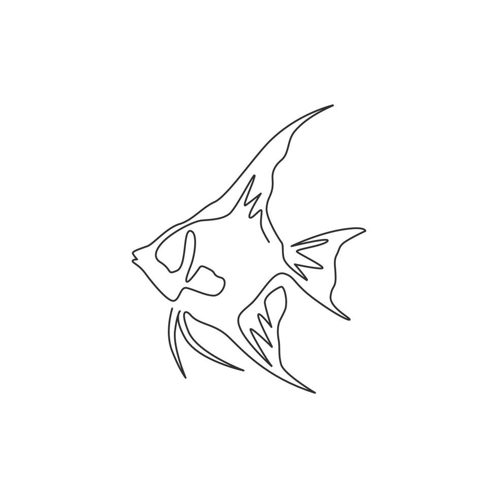 dibujo de una sola línea de pez angular de agua dulce divertido para la identidad del logotipo de la empresa. concepto lindo de la mascota del pez pterophyllum para el icono del espectáculo acuático. Ilustración de vector de diseño de dibujo de línea continua moderna