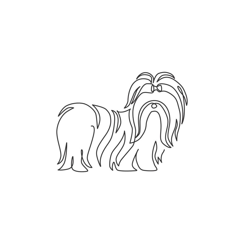 One continuous line drawing of cute shih tzu dog for pet salon logo identity. Purebred dog mascot concept for pedigree friendly pet icon. Modern single line draw design vector graphic illustration
