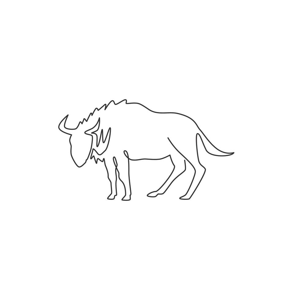 Single one line drawing of dashing wildebeest for foundation logo identity. Strong gnu mascot concept for national zoo icon. Modern continuous line draw design graphic vector illustration