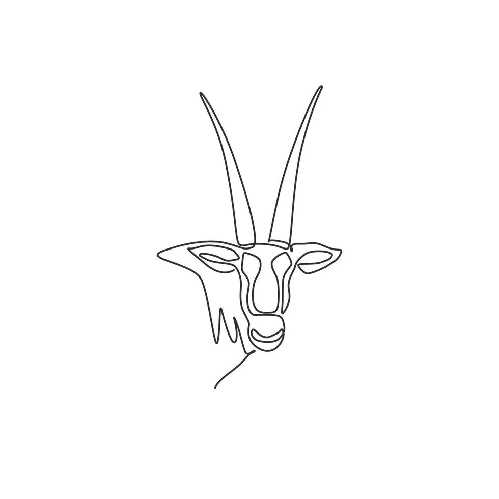 Single one line drawing of gallant oryx head for company logo identity. Gazelle mammal animal mascot concept for national zoo icon. Modern continuous line draw design graphic vector illustration