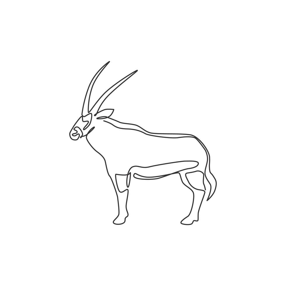 un dibujo de línea continua de stout oryx para la identidad del logotipo de la empresa. Gran concepto de mascota animal mamífero antílope africano para el icono del parque safari. Ilustración de vector de diseño de dibujo de línea única moderna