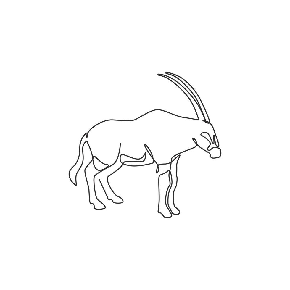 dibujo de línea continua única de oryx para la identidad del logotipo de la empresa. concepto de mascota de mamífero antílope para el icono del parque nacional de conservación. Ilustración gráfica de vector de diseño de dibujo de una línea moderna