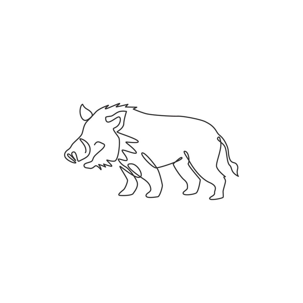 un dibujo de línea continua de jabalí común salvaje para la identidad del logotipo de la empresa. concepto de mascota de cerdo de sabana africana para el icono del parque nacional de safari. Ilustración de vector de diseño de dibujo de línea única moderna