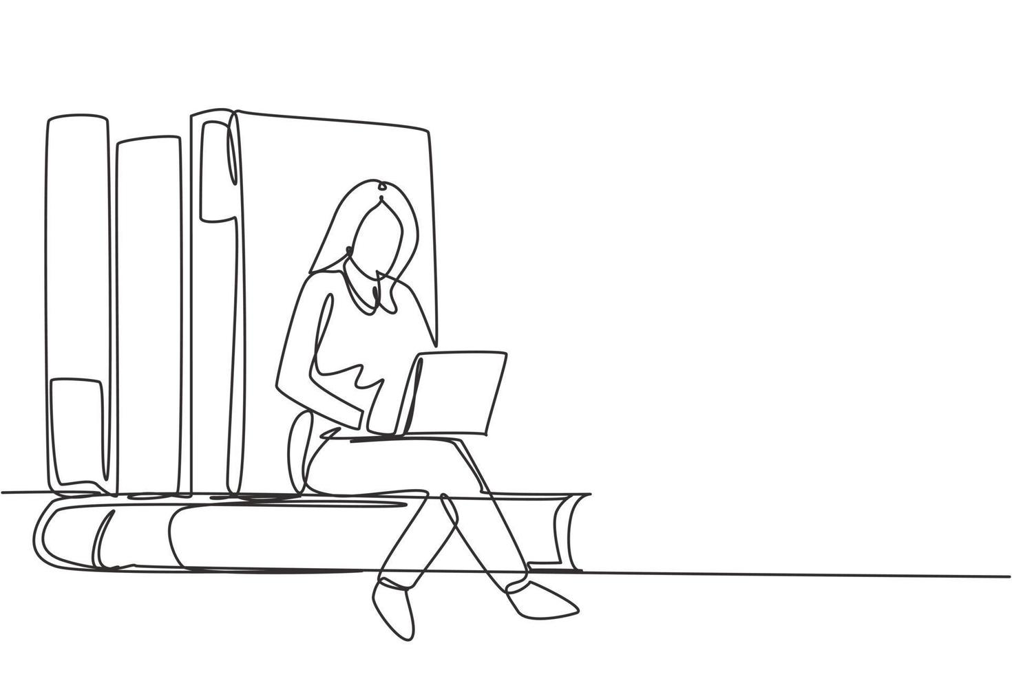 Single continuous line drawing young woman studying with laptop and sit and lean on big books. Back to school, intelligent student, online education. One line draw graphic design vector illustration