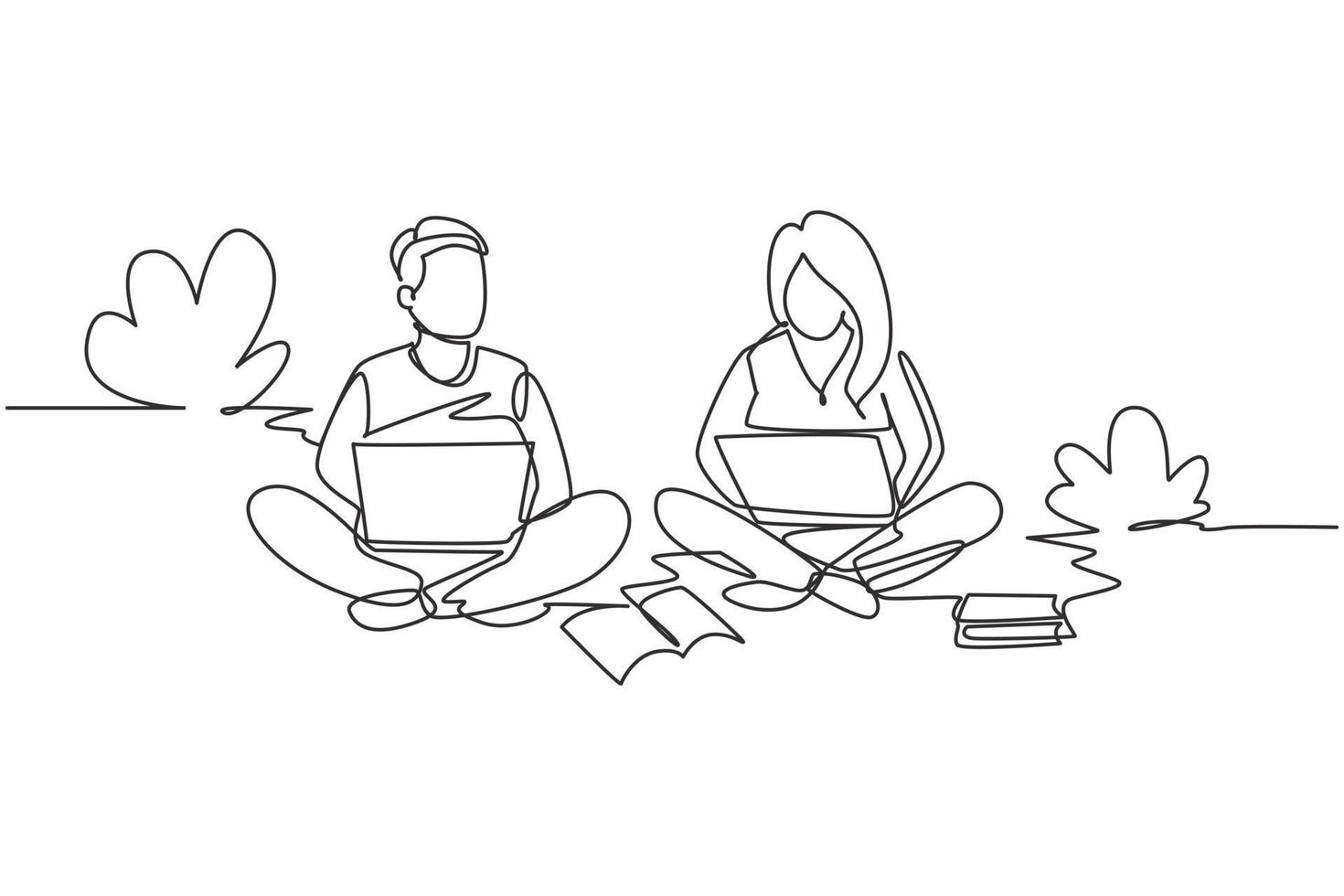 Single one line drawing couple with laptop sitting at the park together. Freelance, distance learning, online courses, studying concept. Modern continuous line draw design graphic vector illustration