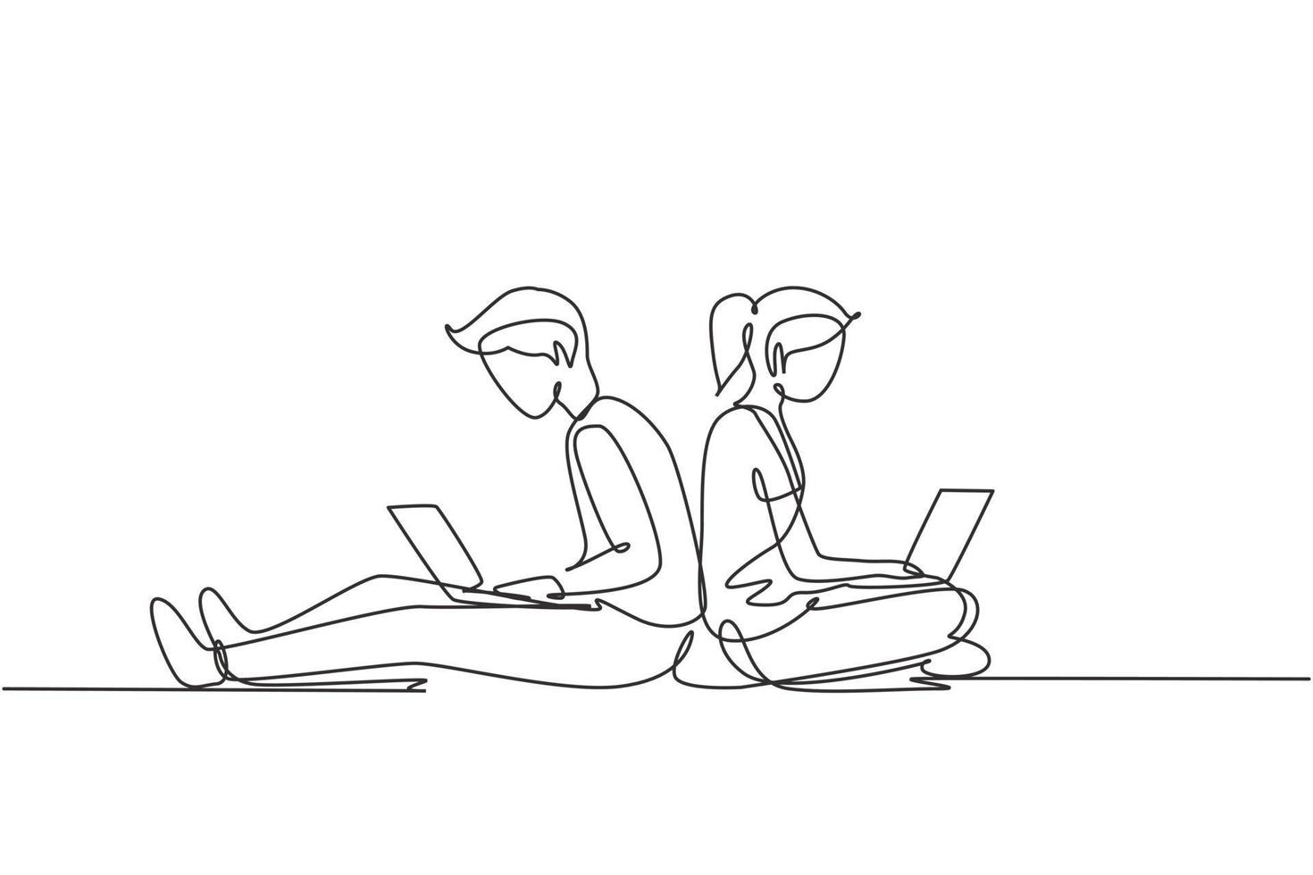 Continuous one line drawing couple with laptop sitting and lean on each other. Freelance, distance learning, online courses, and studying concept. Single line draw design vector graphic illustration