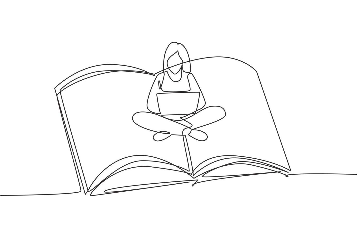 Continuous one line drawing young female with laptop sitting on open big book. Freelance, distance learning, online courses, and studying concept. Single line draw design vector graphic illustration