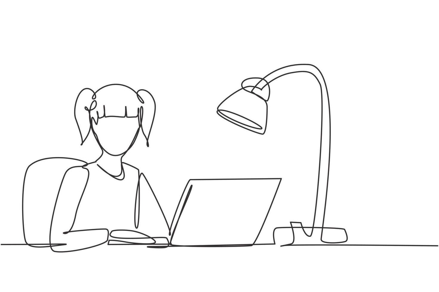 Single continuous line drawing girl studying with laptop and study lamp sitting on chair around desk. Back to school, online education concept. Dynamic one line draw graphic design vector illustration