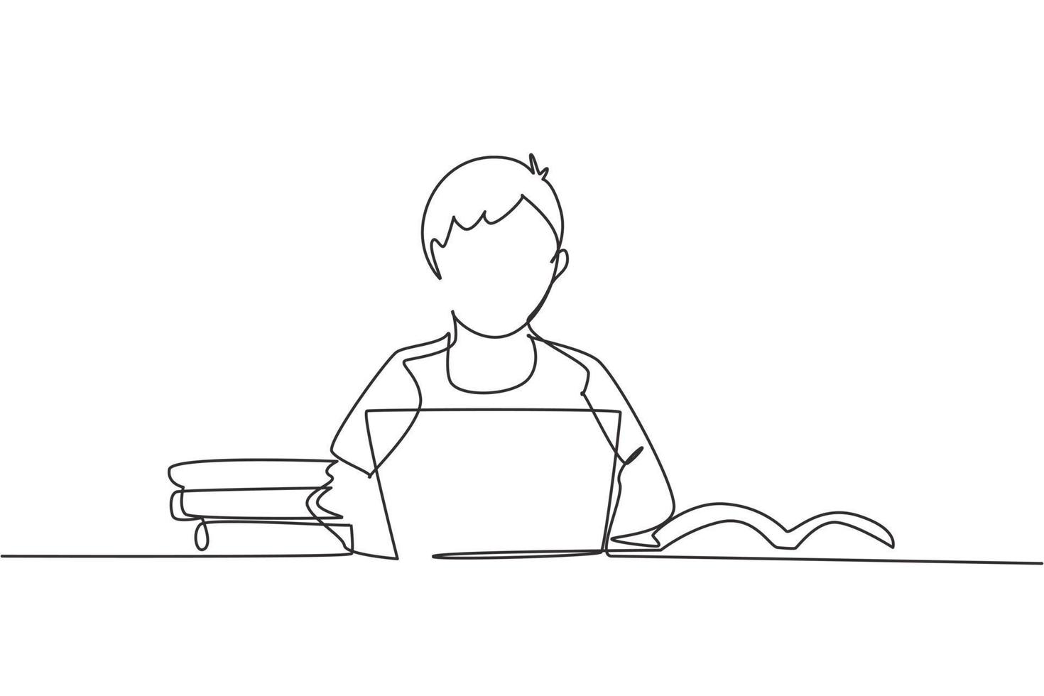 Single one line drawing young male studying with laptop and pile of books. Back to school, intelligent student, online education concept. Modern continuous line draw design graphic vector illustration