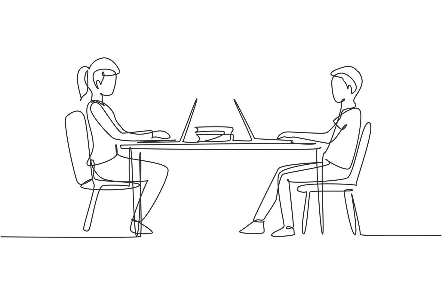 Single continuous line drawing boy and girl students studying with laptop and sitting on chairs around desk. Back to school, online education concept. One line draw graphic design vector illustration