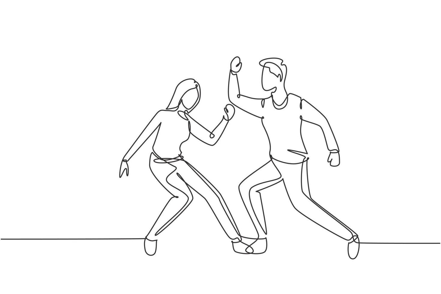 Continuous one line drawing man and woman dancing Lindy hop or Swing. Male and female characters performing dance at school or party. Fun lifestyle. Single line draw design vector graphic illustration