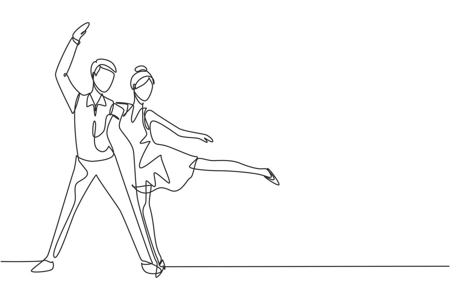 Single continuous line drawing people dancing salsa. Couples, man and woman in dance. Pairs of dancers with waltz tango and salsa styles moves. Dynamic one line draw graphic design vector illustration