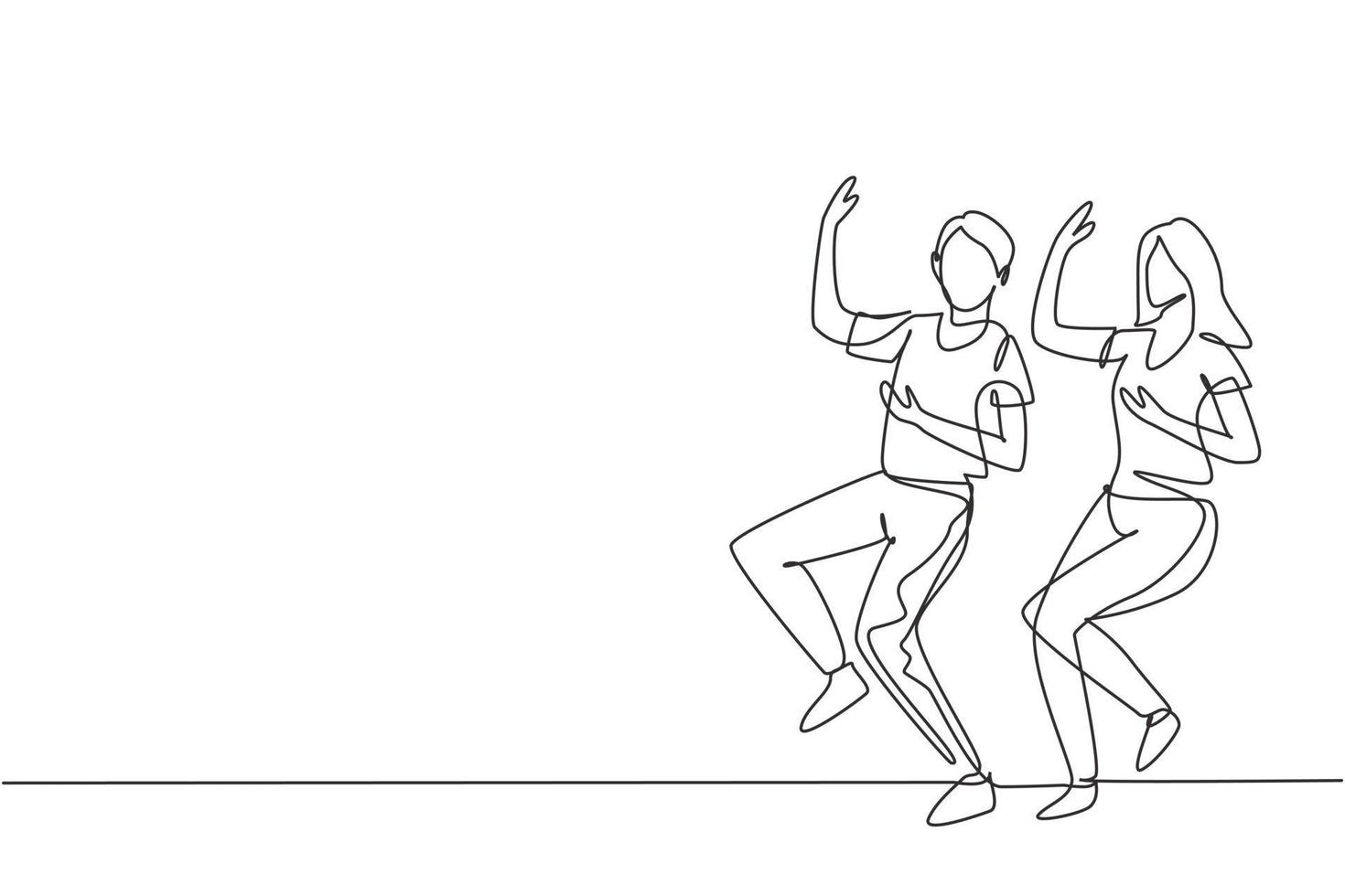 Single continuous line drawing man and woman dancing Lindy hop or Swing. Male and female characters performing dance at school. Happy couple. Dynamic one line draw graphic design vector illustration