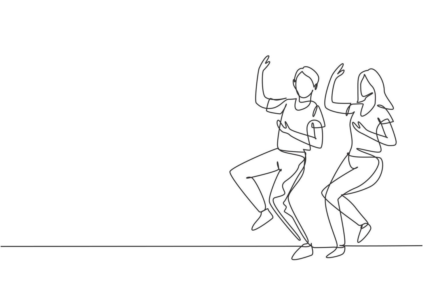 dibujo de línea continua única hombre y mujer bailando lindy hop o swing. personajes masculinos y femeninos bailando en la escuela. pareja feliz. Ilustración de vector de diseño gráfico de dibujo de una línea dinámica