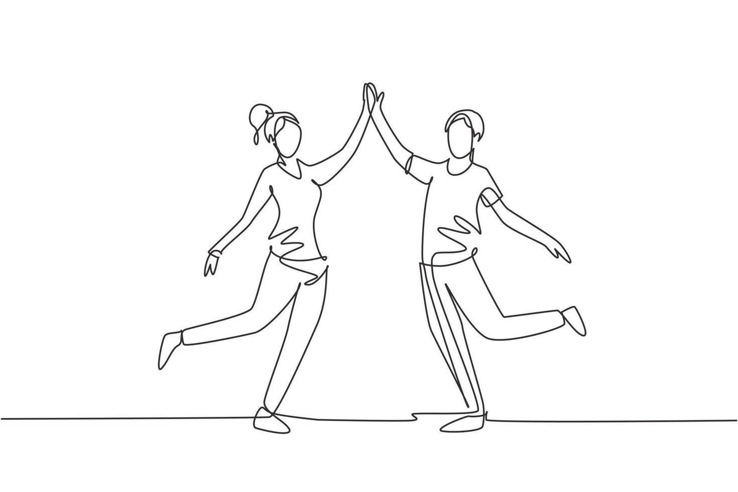 Single one line drawing man and woman performing dance at school, studio, party. Male and female characters dancing tango at Milonga. Modern continuous line draw design graphic vector illustration