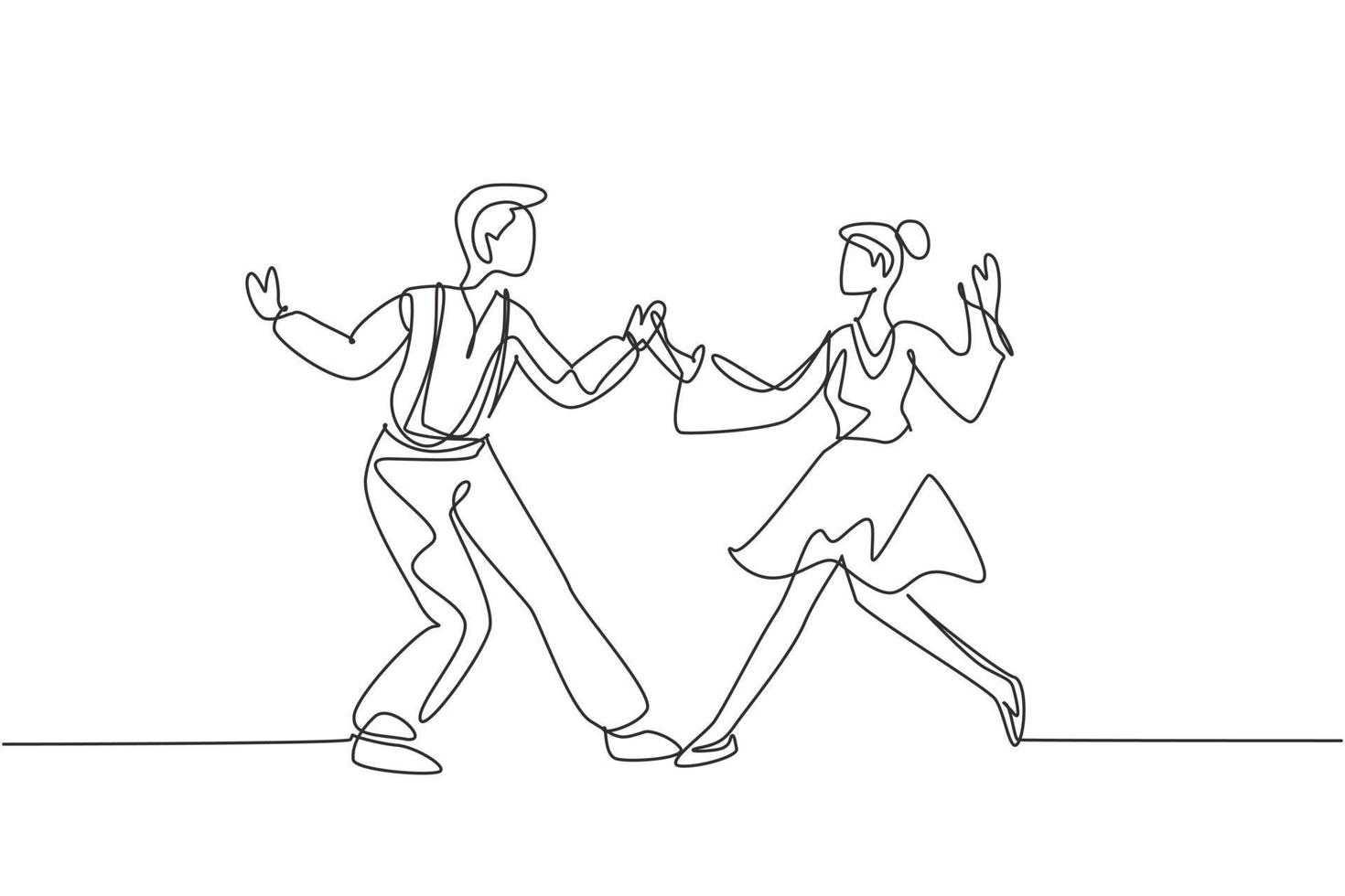 dibujo continuo de una línea hombre y mujer bailando lindy hop o swing juntos. personajes masculinos y femeninos que bailan en la escuela o en una fiesta. Ilustración gráfica de vector de diseño de dibujo de una sola línea